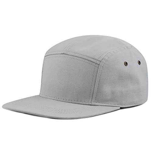 The Hat Depot Made in USA Cotton Twill 5 Panel Flat Brim Genuine Leather Brass Biker Board Cap - color: Grey