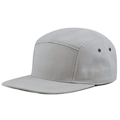 The Hat Depot Made in USA Cotton Twill 5 Panel Flat Brim Genuine Leather Brass Biker Board Cap - color: Grey