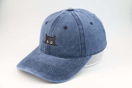 Peeking Black Cat Embroidered Washed Baseball Cap, Adjustable Vintage Dad Hat for Cat Lovers Unisex - color: Navy