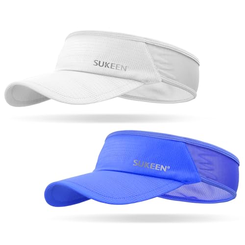 Sukeen 2 Pack Sports Sun Visor Men Women Lightweight Packable Cooling Stretchy Visor Hat for Running, Tennis, Golf - color: White/Blue