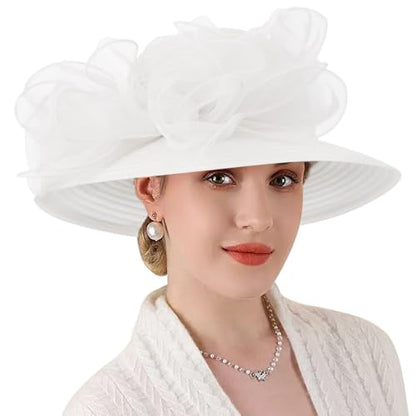 DRESHOW Lady Derby Dress Church Bowler Cloche Hat Bowknot Organza Bridal Cap for Wedding - color: 1 Pc: White a