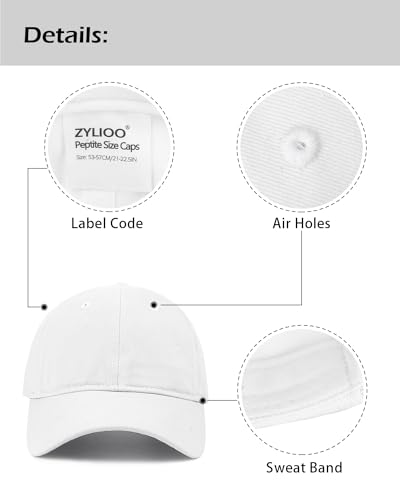 Zylioo Small Baseball Cap for Men Women, Adjustable Unstructured Dad Hat - color: White-fits 21.7"-22.4"/55cm-57cm