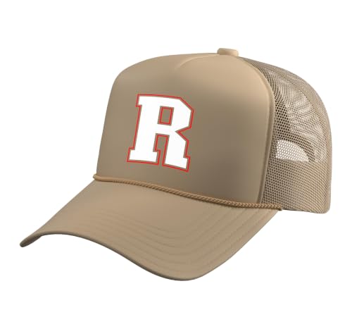 Initial R Monogram R Letter R Capital Alphabet Trucker Hat with Adjustable Mesh Back - color: Khaki
