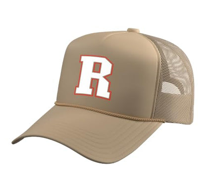 Initial R Monogram R Letter R Capital Alphabet Trucker Hat with Adjustable Mesh Back - color: Khaki