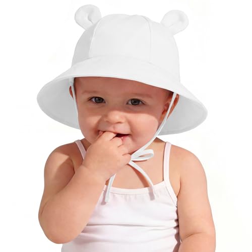 Zando Wide Brim Baby Sun Bucket Hat 0-4T UPF 50+ - Sun Protection Toddler Beach Hats with Bear Ears Infant Hat Adjustable - color: White, size: 12-24 Months