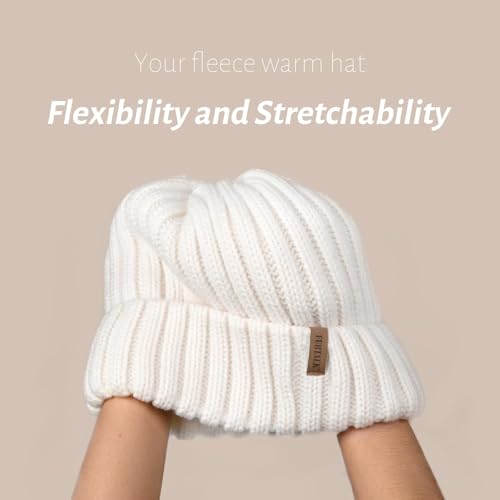 Fleece Lined Beanie Cable Knit Chunky Beanies Womens Snow Cap - color: White