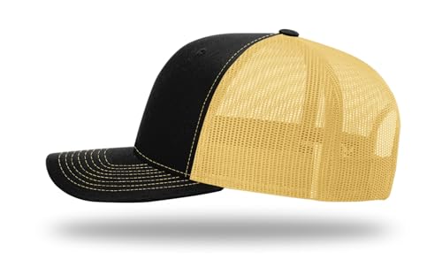 Richardson 112 Trucker Hat - Premium Blank Baseball Cap, Adjustable Snapback Hat - Structured Six Panel Richardson Blank Hats - color: Black/ Vegas Gold