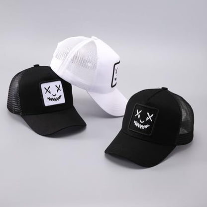 Trucker Hat for Men Women-Mesh Back Breathable Adjustable Snapback Cap-UV Protection Sun Hat for Summer Outdoor Activities - color: Smiling-black