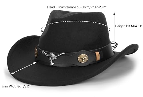Women-Men Felt-Western-Cowboy Hat-Classic Brim Belt Buckle Cowgirl Fedora M - color: Black With Bull Head Belt