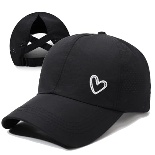Womens Criss Cross Ponytail Hat Quick Drying Baseball Cap Sun Hats UV Protection Sport Cap - color: Black With Heart