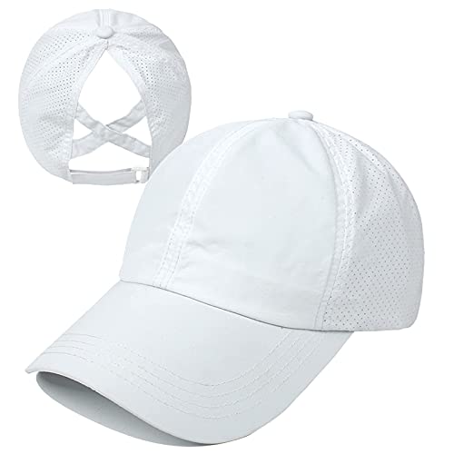 Womens Criss Cross Ponytail Hat Quick Drying Baseball Cap Sun Hats UV Protection Sport Cap - color: White