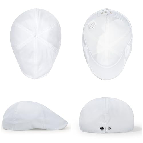 Men's 100% Cotton Newsboy Cap, Adjustable Ivy Cabbie Flat Hat, Soft Lightweight for Golf Camping Daily Wear - color: White, size: Medium