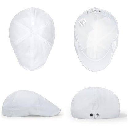 Men's 100% Cotton Newsboy Cap, Adjustable Ivy Cabbie Flat Hat, Soft Lightweight for Golf Camping Daily Wear - color: White, size: Medium