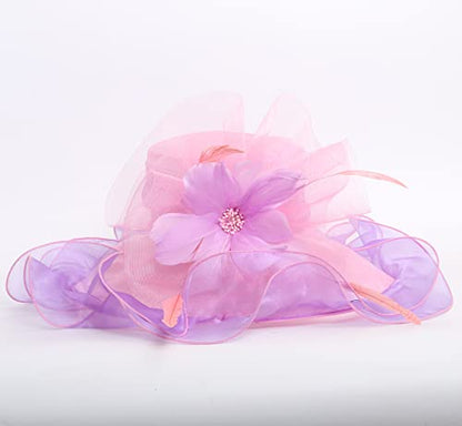 Women Derby Church Organza Flower Wedding Tea Party Fascinator Wide Brim Sun Hat - color: H2-purple,pink Flower