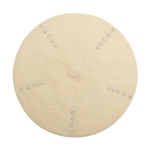 ZLYC Women French Beret Hat Reversible Solid Color Knit Warm Artist Cap - color: Rhinestones Beige