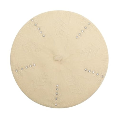 ZLYC Women French Beret Hat Reversible Solid Color Knit Warm Artist Cap - color: Rhinestones Beige
