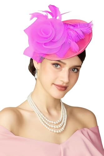 BABEYOND Fascinators Hats for Women Tea Party Mesh Flower Pillbox Derby Hat - color: Hot Pink