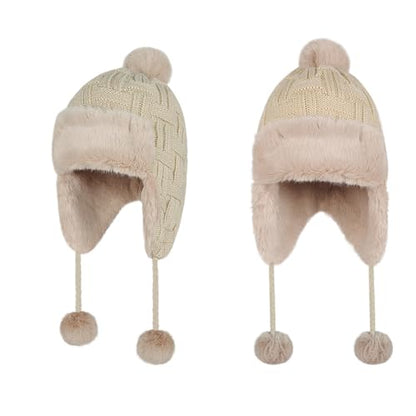 PENINSULA LOVE Women Peruvian Trapper Hat Faux Fur Ushanka Russian Hat Earflap Eskimo Beanie Winter Knitted Cap with Pompom - color: Beige