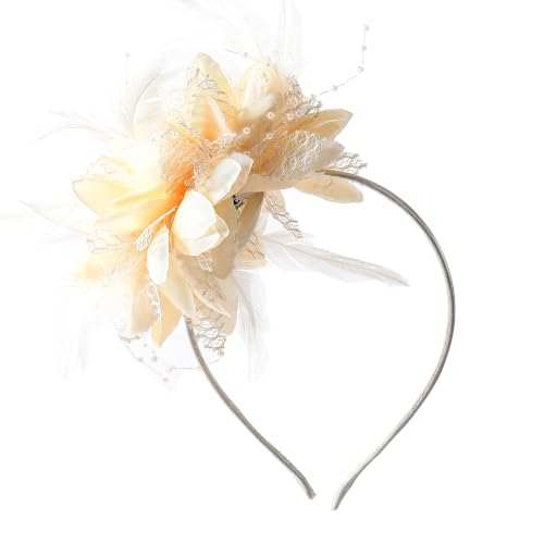Womens Fascinators Hats Tea Party Feather Pearl Headband for Women, Wedding Cocktail Dresses Accessories - color: Beige
