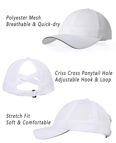 ZTL Womens High Ponytail Baseball Cap Performance Mesh Hat, Lightweight Quick Dry Race Day Running Hat with Reflective Trim - color: White