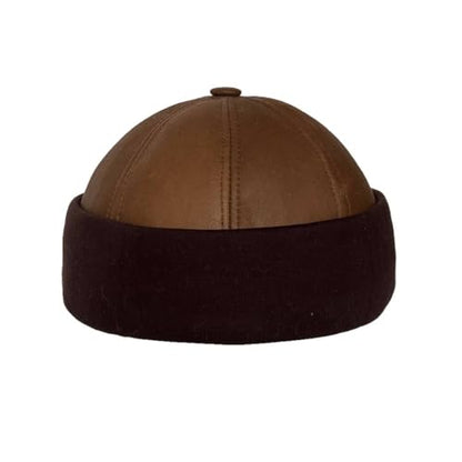 Lukkizara Winter Sheepskin Leather Fur Knit Beanie Cuff Round Bucket Winter Ski Hat - color: Brown