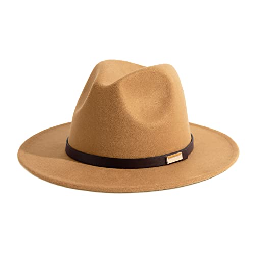 Fedora Hats for Men Wide Brim Panama Hat with Classic Belt - color: Camel