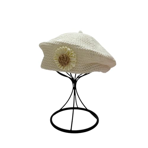 Women Summer French Beret Lady Slouchy Crochet Beret Hats 3D Flower Artist Painters Woven Beach Beanie Cap - color: White+beige