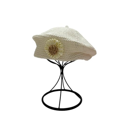 Women Summer French Beret Lady Slouchy Crochet Beret Hats 3D Flower Artist Painters Woven Beach Beanie Cap - color: White+beige