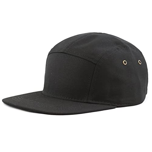 The Hat Depot Made in USA Cotton Twill 5 Panel Flat Brim Genuine Leather Brass Biker Board Cap - color: Black