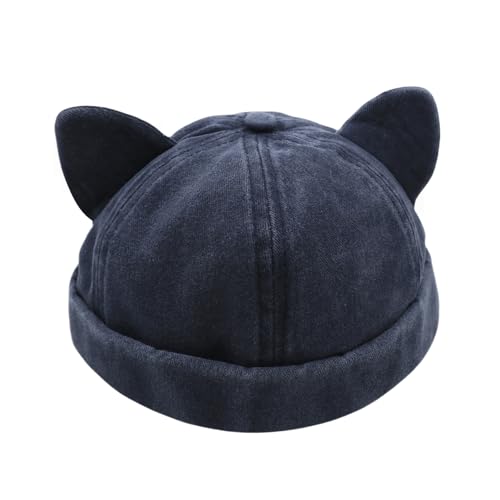 Cute Cat Ear Beanie Hats for Women Men Washed Cotton Brimless Docker Cap Retro Rolled Cuff Skull Cap - color: Navy Blue