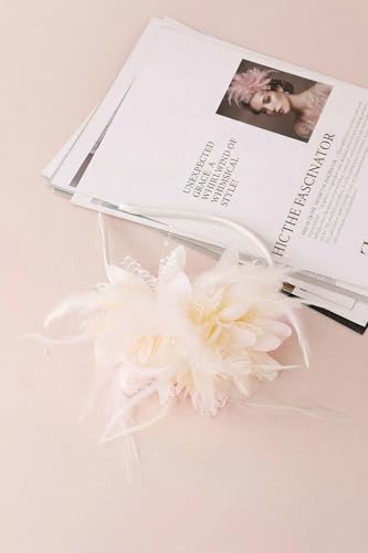 BABEYOND Flower Feather Beads Fascinator Headband for Women Derby Headpiece - color: Beige