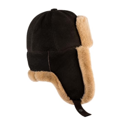 Handmade Sheepskin Leather Trapper Hat – Aviator Cap with Fur Lined Ear Flaps, Shearling Russian Ushanka Winter Hat - color: Chocolate, size: Small