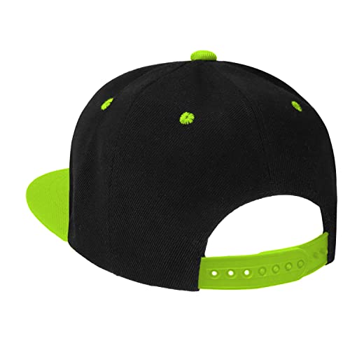 Falari Wholesale 12 Pack Snapback Hat Cap Hip Hop Style Flat Bill Blank Solid Color Adjustable Size - color: 12-pack Black/Neongreen