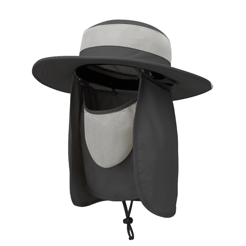 Outdoor Sun Hat UPF 50 Protection Waterproof Fishing hat Face Cover Summer Neck Flap Hat - color: Dark Gray Pro