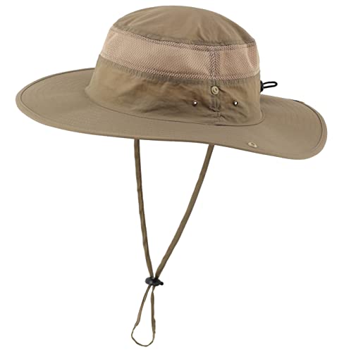 Connectyle UPF 50+ Wide Brim Sun Hat for Men Breathable Cowboy Boonie Hats Outdoor Bucket Hat for Fishing Hiking Safari - color: Dark Khaki