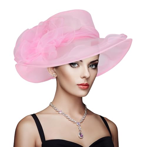 Derby Hats for Women 2025 Equestrian Derby Tea Party Fascinators Wide Brim - color: Pink