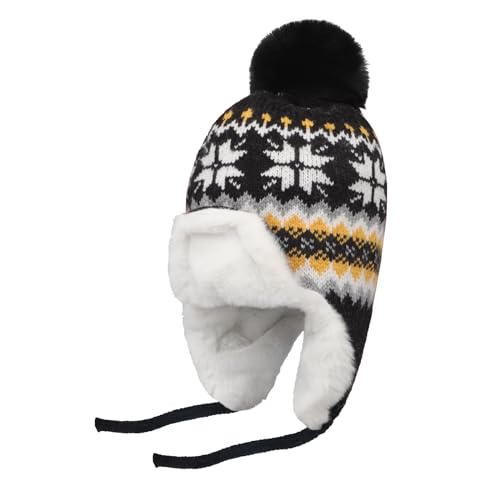 IPENNY Women's Winter Faux Fur Lined Trapper Hat, Warm Knitted Beanie with Pom Pom & Earflaps, Warm Ski Cap for Cold Weather - color: Black