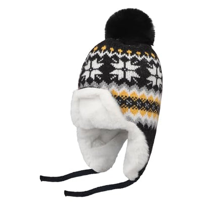 IPENNY Women's Winter Faux Fur Lined Trapper Hat, Warm Knitted Beanie with Pom Pom & Earflaps, Warm Ski Cap for Cold Weather - color: Black