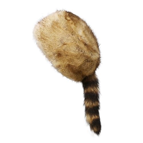 Women's Russian Cossack Hat with Raccoon Tail Furry Trapper Hat Plush Warm Winter Hats for Hunting Faux Fur Ski Cap - color: Light Brown