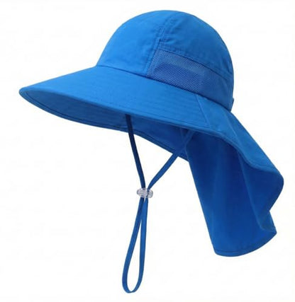 icolor Kids Sun Hat UPF50+ Sun Protection Bucket Hat Toddler Summer Beach Play Hats with Neck Flap for Girl Boy Ages 3~10 - color: Solidblue