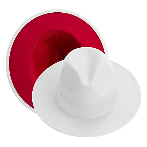 KUJUHA Fedora Hats for Mens/Womens Felt FedoraHats Two Tone Wide Brim Fedora Hats Rancher Hat - color: White&red, size: Large-X-Large