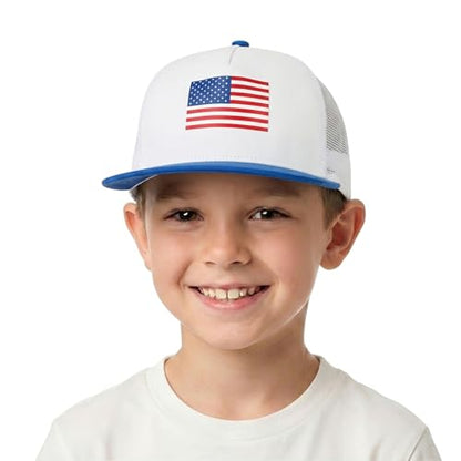 BROMZ Kids Youth American Flag Trucker Hat Flat Bill, Breathable Mesh Back Snapback Baseball Cap for Boys Girls 5-15 Years - color: White/Blue/Us Flag