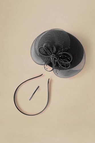 BABEYOND Fascinators Hats for Women Tulle Pillbox Knot Bead Tea Party Hat - color: Black