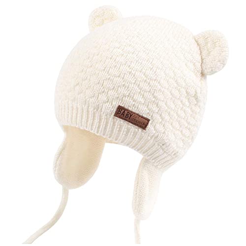 Duoyeree Baby Winter Hat, Bear Knit Earflaps Cotton Lined for Toddler Kids - color: Bear White, size: 6-12 Months