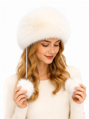 DLNYC Women’s Faux Leather Winter Hat with Faux Fur Trim, Soft Lined Cap with Hanging Cords & Pom-Poms, Warm Stylish Hat - color: White