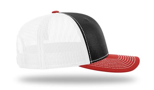 Richardson 112 Trucker Hat - Premium Blank Baseball Cap, Adjustable Snapback Hat - Structured Six Panel Richardson Blank Hats - color: Black/White/ Red