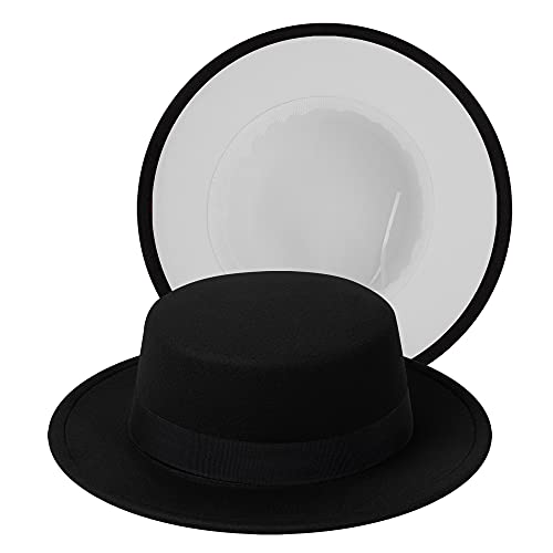 Classic Fedora Hat Two Tone Flat Top Hat with Band Wide Brim Pork Pie Hat Adjustable Patchwork Colors Panama Hat - color: Black-white|black Band