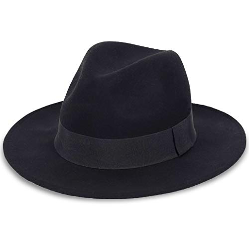 FORBUSITE Wool Felt Wide Brim Fedora Hats for Women Men - color: Black, size: Medium