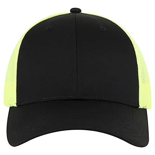 Ashen Fane 6 Panel Blend Twill Structured Low Profile Mesh Back Snapback Trucker Hat - color: Blk/Blk/N.ylw