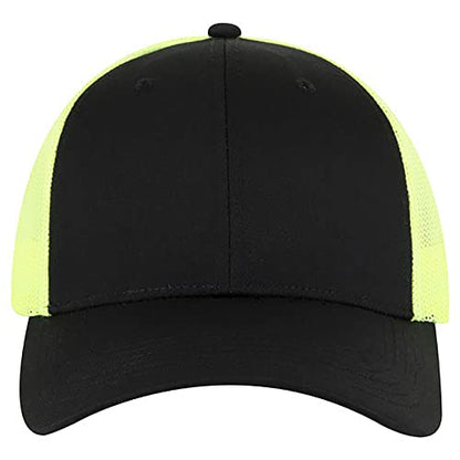 Ashen Fane 6 Panel Blend Twill Structured Low Profile Mesh Back Snapback Trucker Hat - color: Blk/Blk/N.ylw